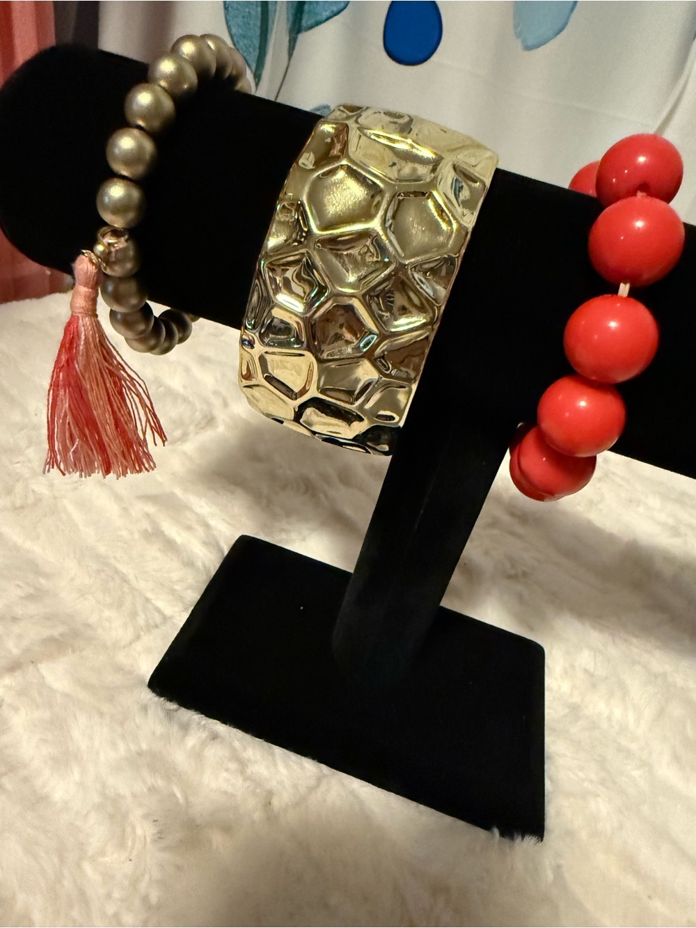 Set of 3 Chunky Statement Bracelets Coral Gold Tassel Costume Jewelry